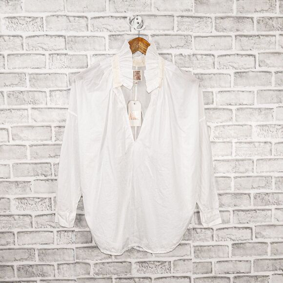 A SHIRT THING Penelope Cabo Shirt ruffle neck in white iceberg Women's Sz P S - Picture 11 of 11